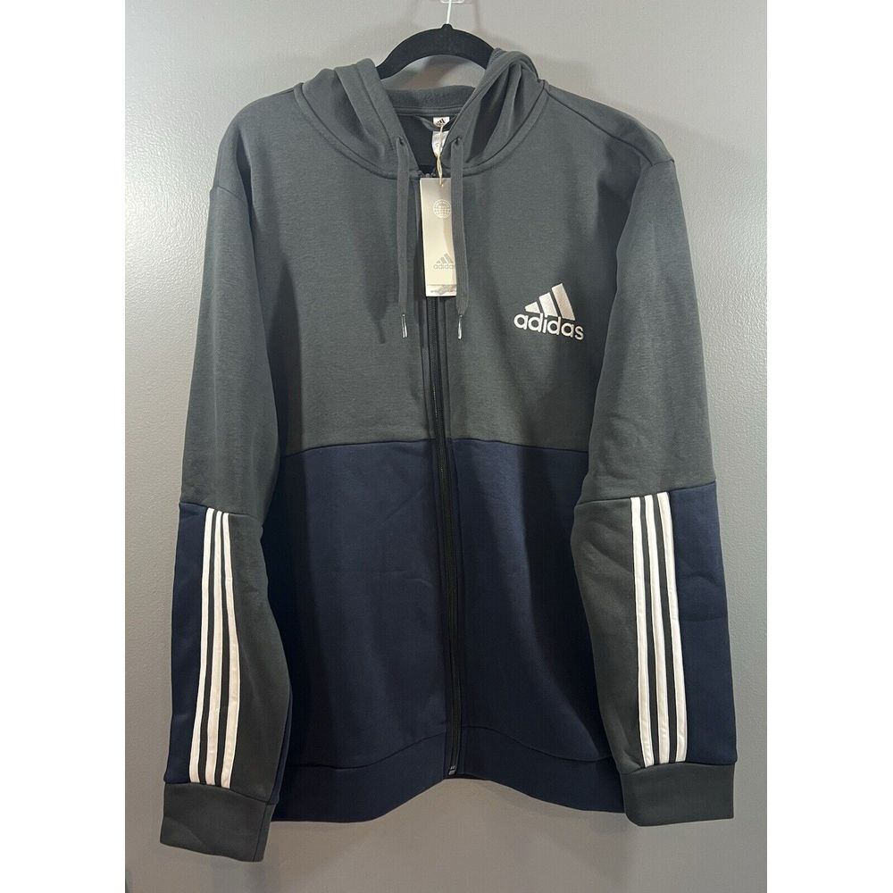 Adidas Men's Essentials Colorblock Full Zip Hoodie Size L Large Navy Grey NWT